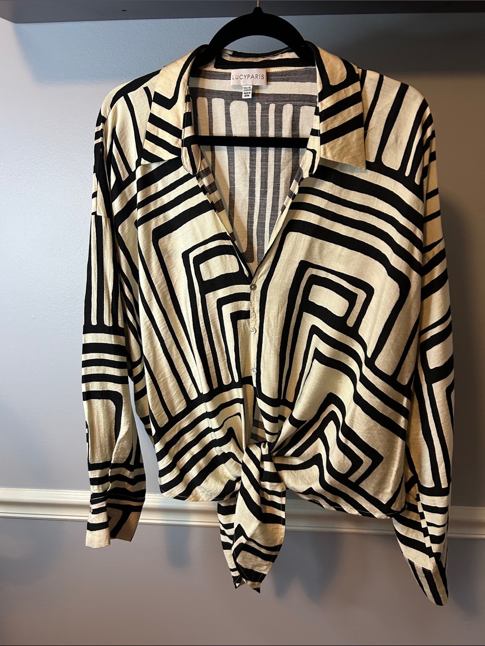 Lucy Paris Black and Cream Geometric Tie-Front Button-Down
